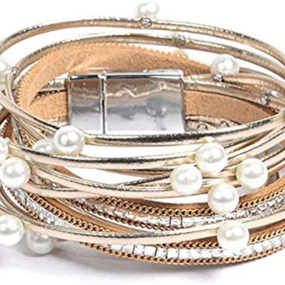 Leather Wrap Bracelet Women Beaded Clasp Bangle Jewelry Gift Elegant Handmade - Picture 1 of 8